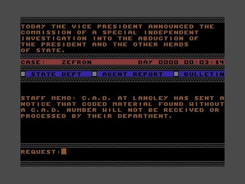 ScĂšne de jeu de President Is Missing sur Commodore 64